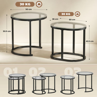 HOMCOM Nest of Tables with Steel Frame and Tempered Glass Tabletop, Modern Coffee Table Set of 2, Black