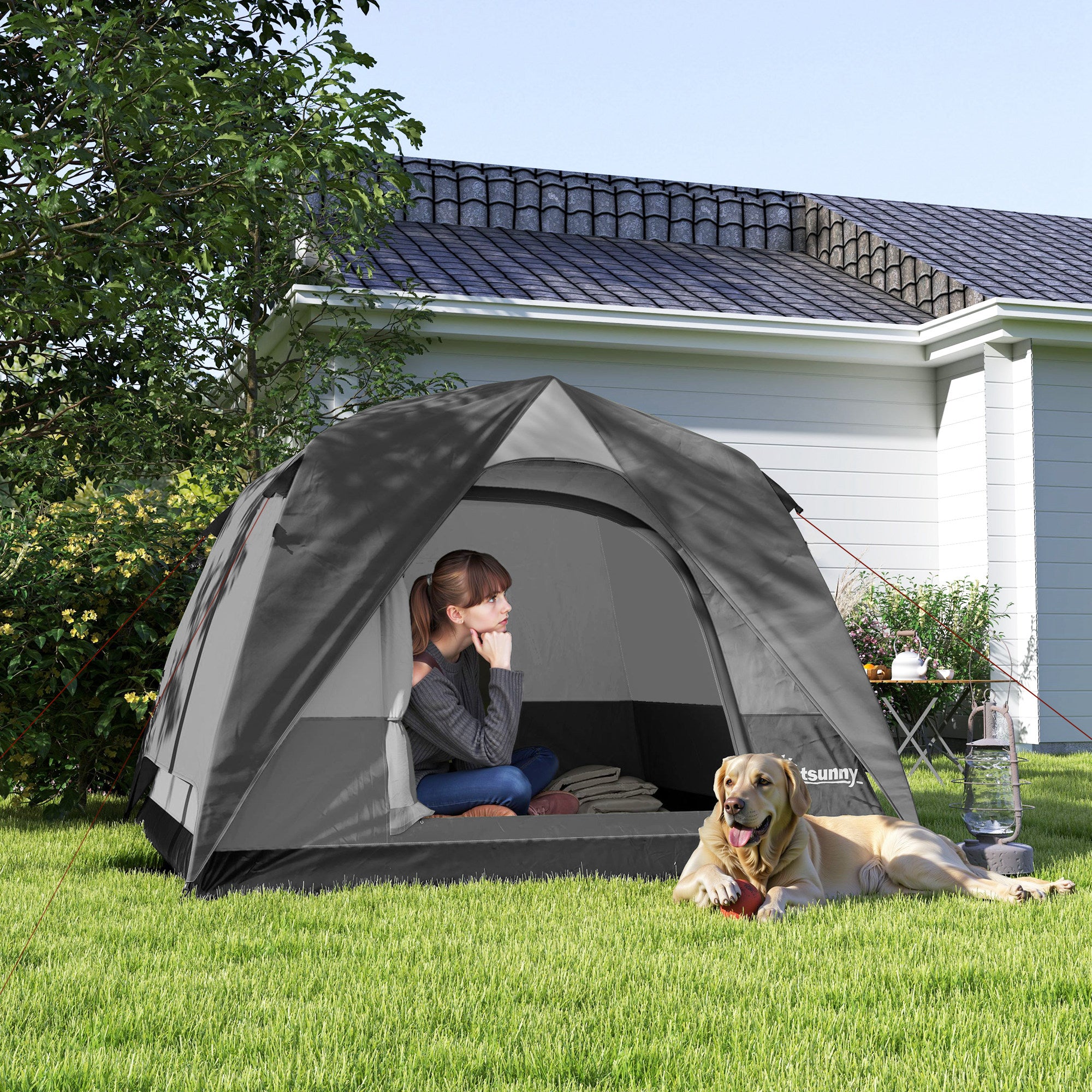 Outsunny 3-4 Person Camping Tent, Easy Set Up 3-4 Man Tent w/ Sewn-in Groundsheet, Waterproof Dome Tent w/ Mesh Windows, Grey 