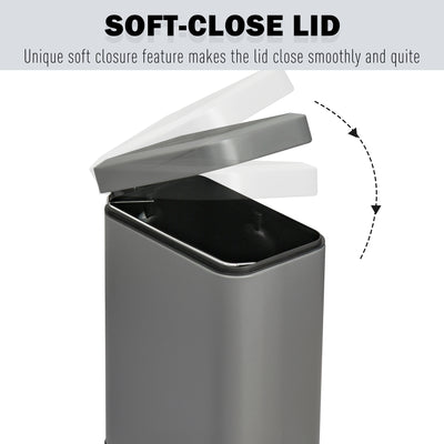 HOMCOM 5L Rectangular Compact Bin Steel Body Removable Bucket Quiet-Close Lid w/ Pedal Lid Rubbish Trash Can Home Office Bedroom Bathroom Living Room Garbage Tidy Clean Grey 