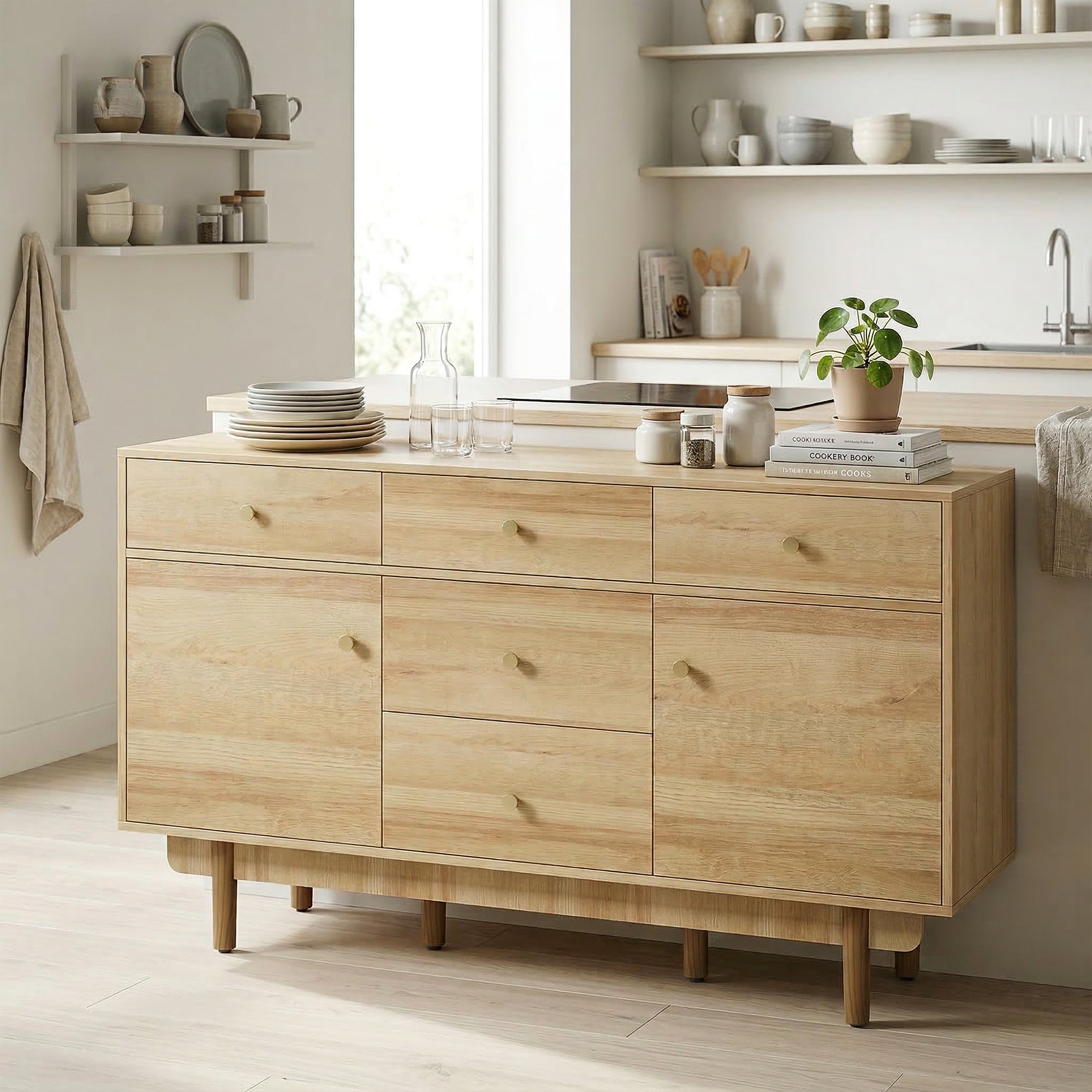 HOMCOM Sideboard with 5 Drawers and 2 Cabinets Buffet Cabinet with Solid Wood Legs 136 cm Walnut 