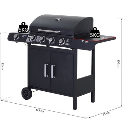 Outsunny 4+1 Burner Gas BBQ Grill, Outdoor Barbecue Trolley with Wheels, Warming Rack, Side Shelves, Cabinet, Thermometer for Garden, Party, Camping, 125 L x 51 W x 100 H cm, Black 