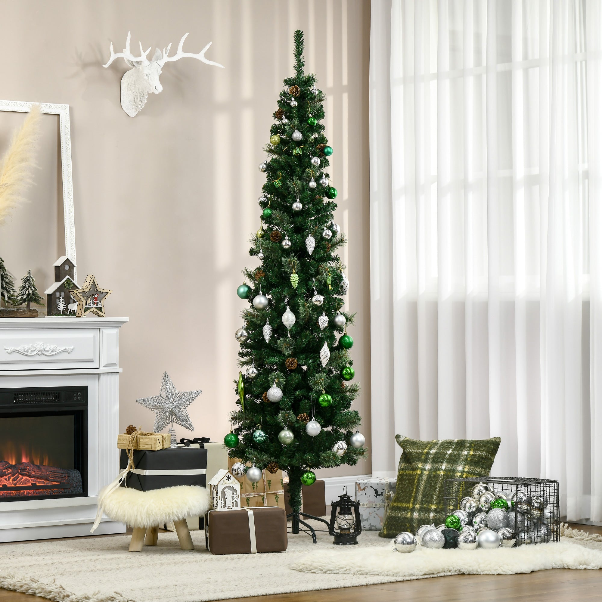 HOMCOM 6.5FT Tall\'c2\'a0Pencil Slim Artificial Christmas Tree with\'c2\'a0Realistic\'c2\'a0Branches, Tip Count and Pine Cones, Pine Needles Tree, Xmas\'c2\'a0Decoration, Green