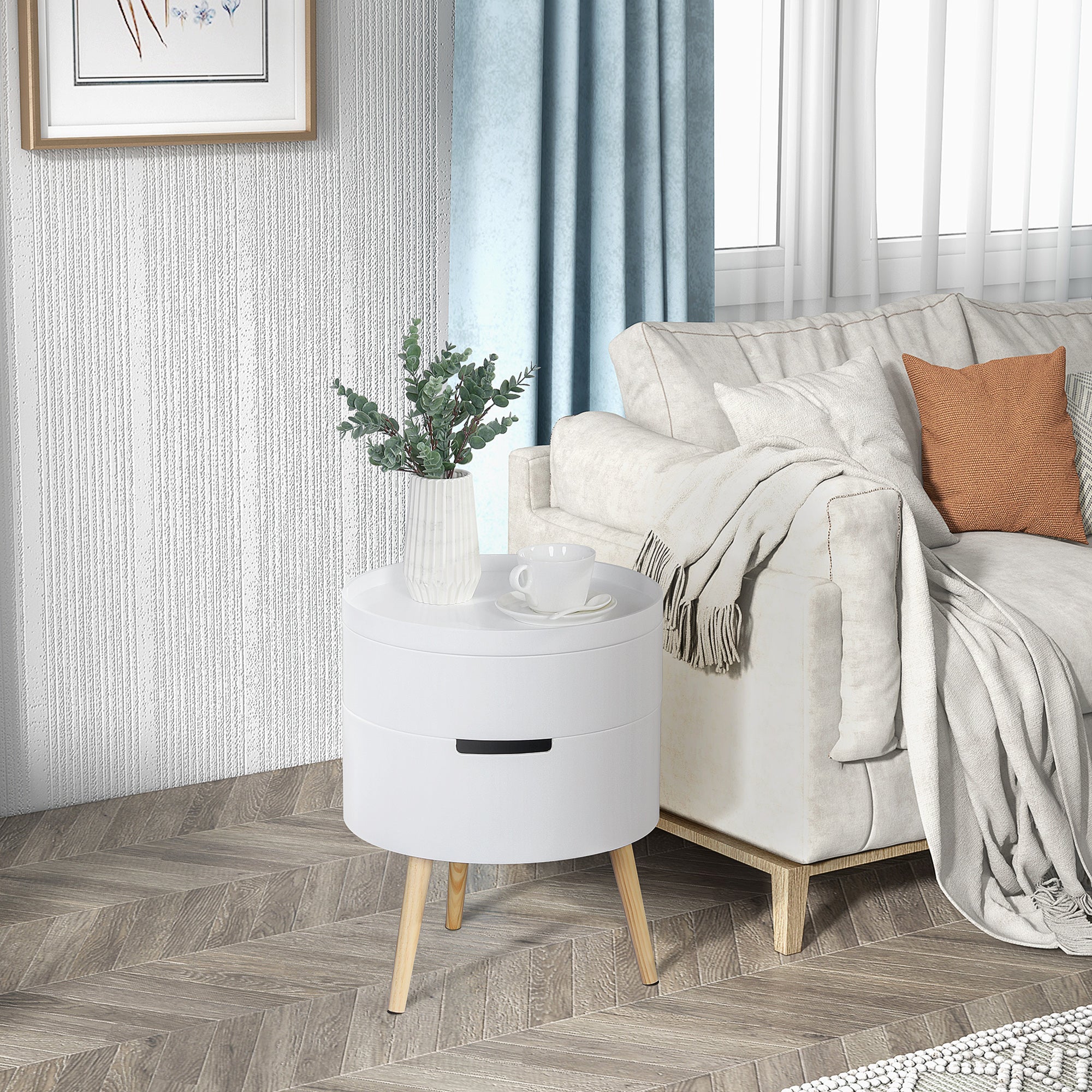 HOMCOM 3-Tier Coffee Table, Round End Table with 2 Hidden Compartments and Detachable Tray, Side Table with Storage for Living Room, White 