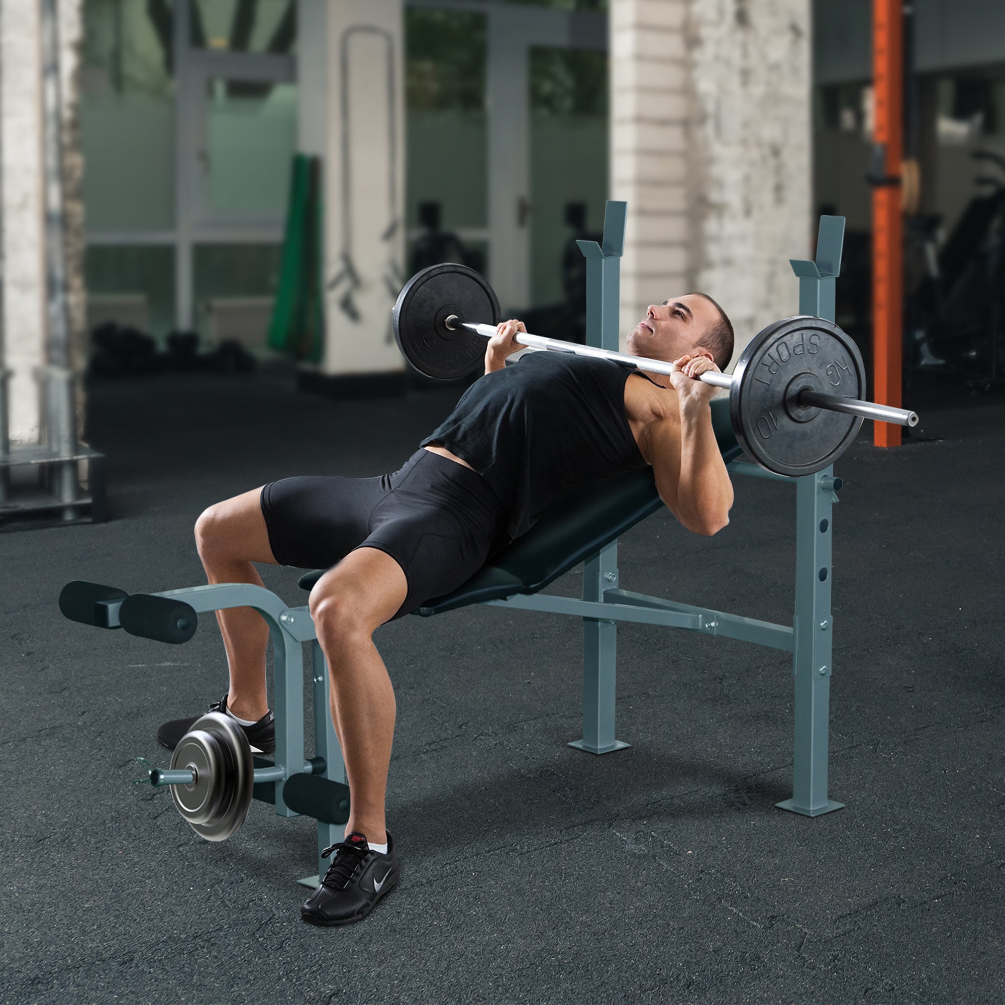 HOMCOM 4-Levels Adjustable Weight Bench Fitness Equipment with Barbell Rack-Black 