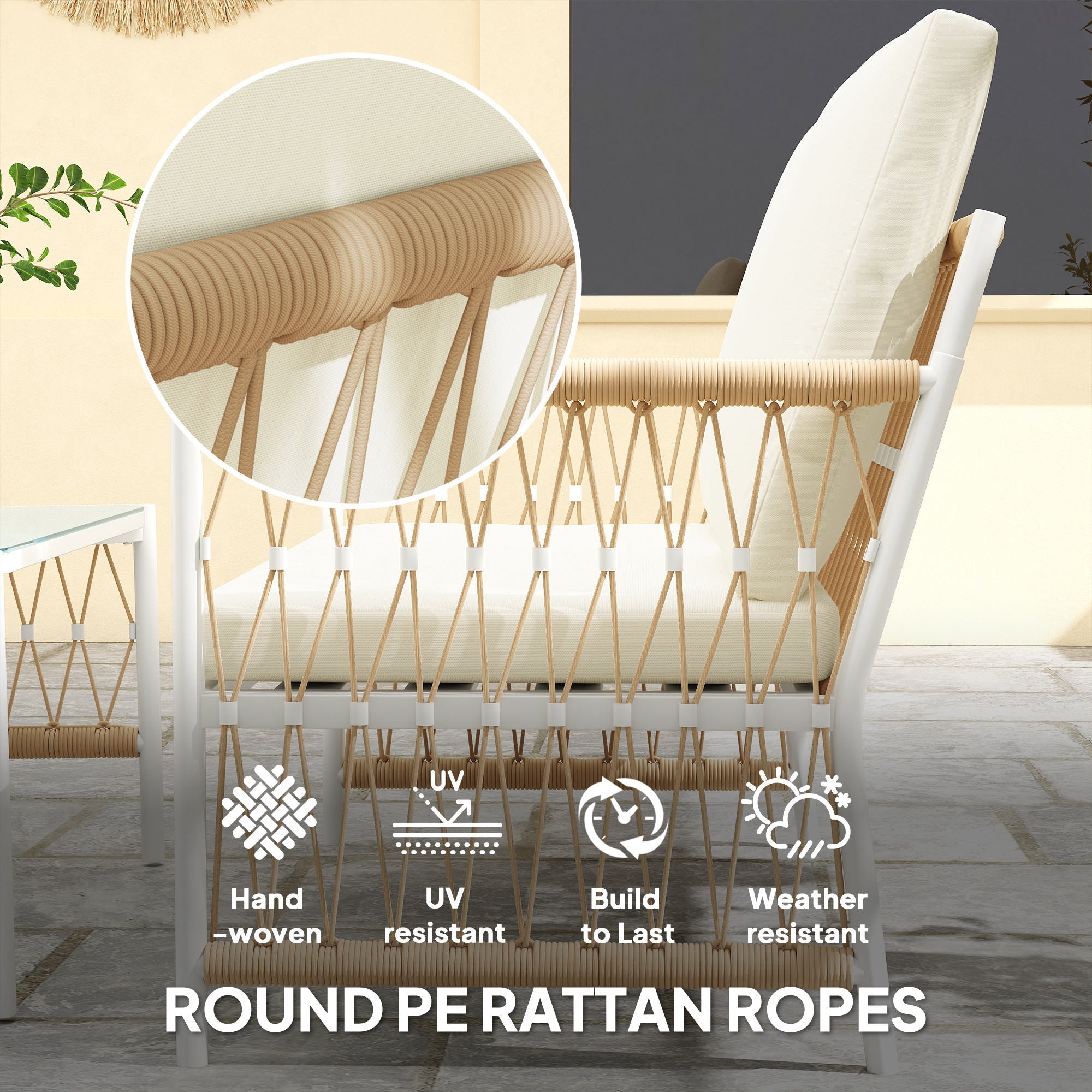 Outsunny 4 Piece Rattan Garden Furniture Set, 4 Seater Wicker Patio Conversation Set with 2 Armchairs, Loveseat, Glass Top Coffee Table and Cushions for Outdoor, Balcony, Khaki 