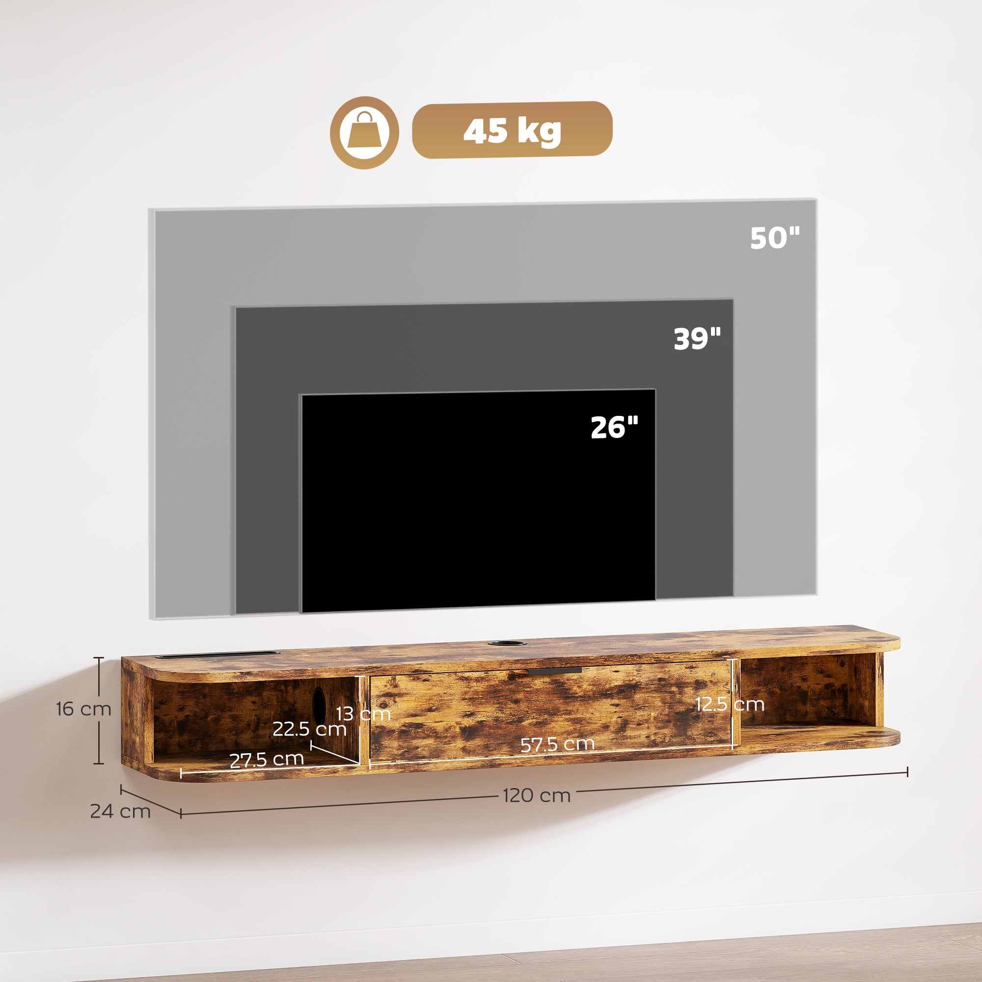 HOMCOM 120 cm Floating TV Unit for TVs up to 50 Inch - Rustic Brown 