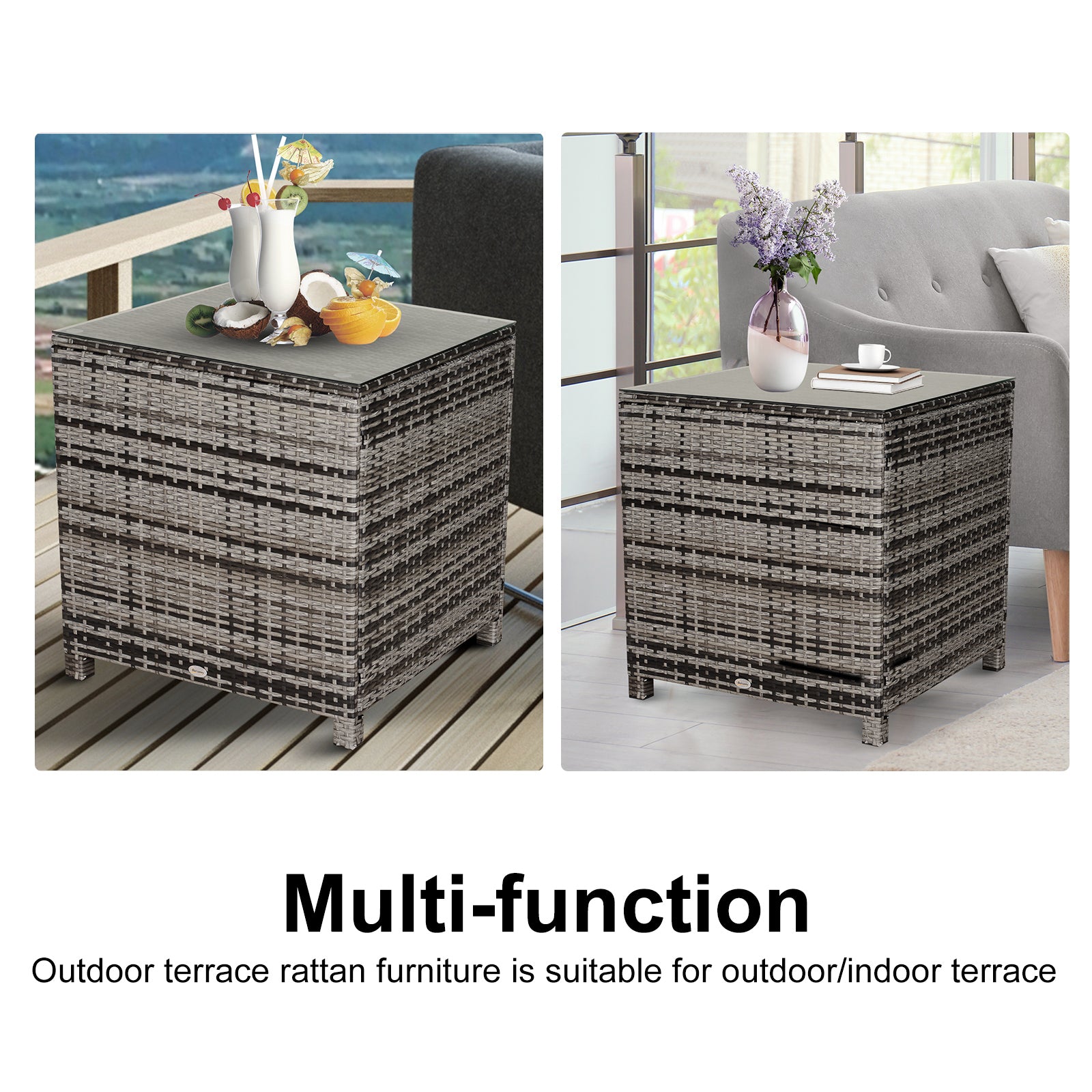 Outsunny Square PE Rattan Garden Table, with Glass Table Top - Grey 