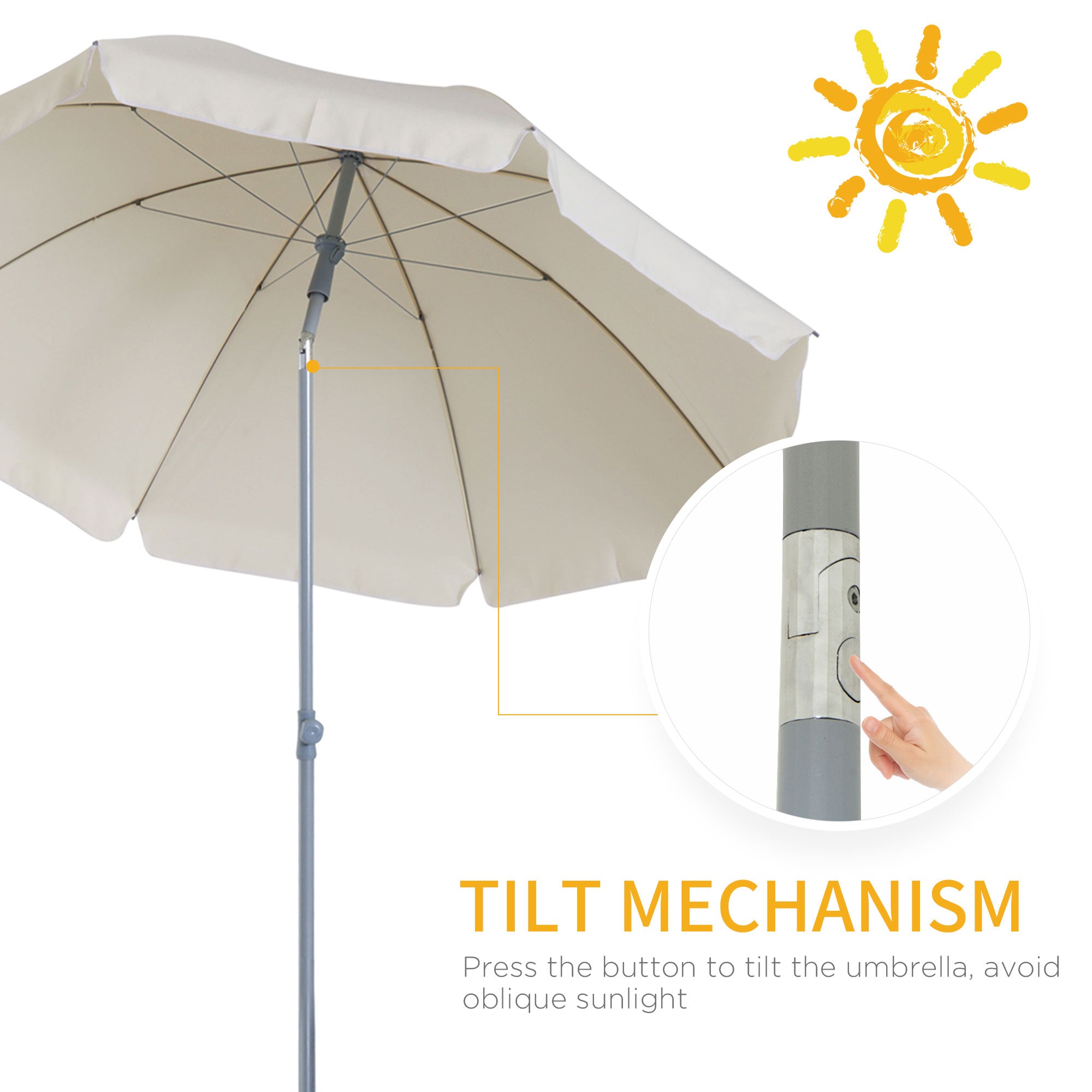 Outsunny 2.2m Beach Umbrella, Portable Parasol with Tilting Function, Outdoor Sunshade Shelter with 8 Ribs, Cream White 