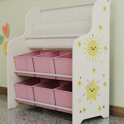 AIYAPLAY Kids Storage Unit, Toy Organiser with 6 Fabric Drawers and 2-Tier Sling Book Rack for Bedroom, Playroom, Nursery, Pink 