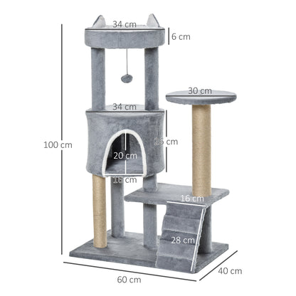 PawHut 100 cm Cat Tree, Cat Condo Tree Tower for Indoor Cats, Cat Activity Centre with Scratching Posts, Plush Perch, Ladder, Hanging Ball - Light Grey 