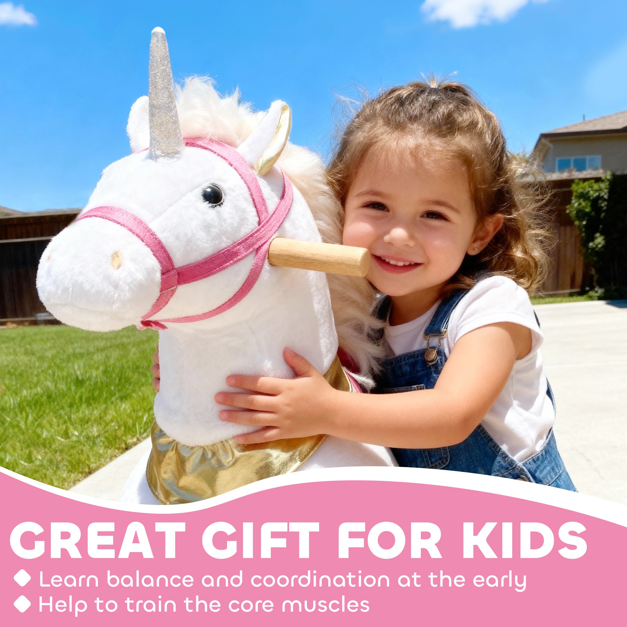 AIYAPLAY Kids Rocking Horse, Plush Walking Horse with Wheels, Ride On Unicorn Toy for Ages 3-5 Years Old, White 