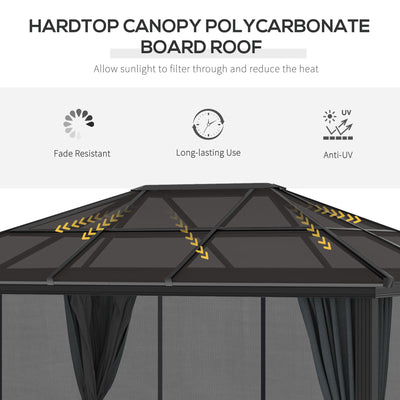 Outsunny 3 x 3.6m Hardtop Gazebo Canopy with Polycarbonate Roof, Aluminium Frame, Permanent Pavilion Garden Gazebo with Netting and Curtains for Patio, Deck, Dark Grey 