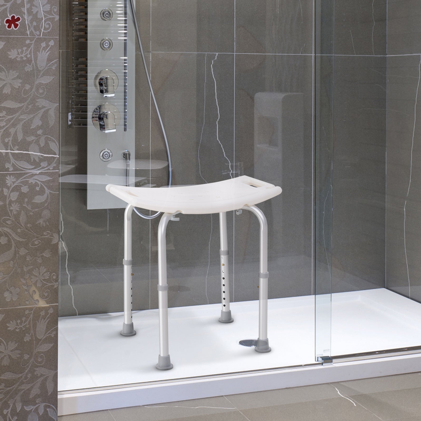 HOMCOM Height Adjustable Bath Stool, Aluminium Shower Stool with Non-Slip Pads for Elderly, Disabled, Seniors, Pregnant, White 