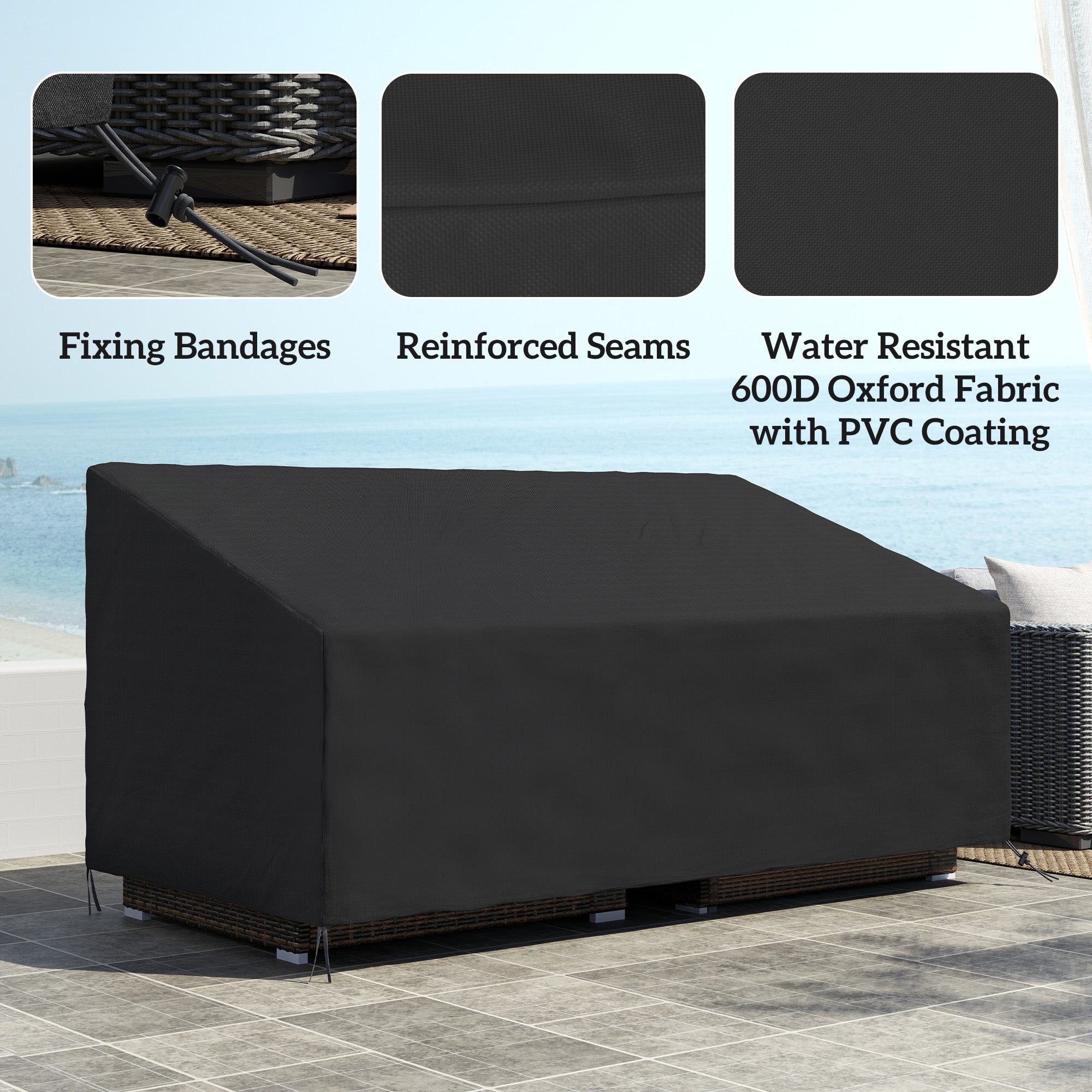 Outsunny 600D Oxford Cloth Furniture Cover, 3 Seater Sofa Protector for Garden Patio, Outdoor, Waterproof, Black, 218 x 111 x 63-101 cm 