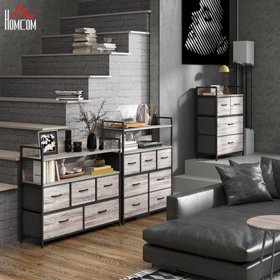HOMCOM Rustic Chest of Seven Fabric Drawers - Grey Wood Effect 