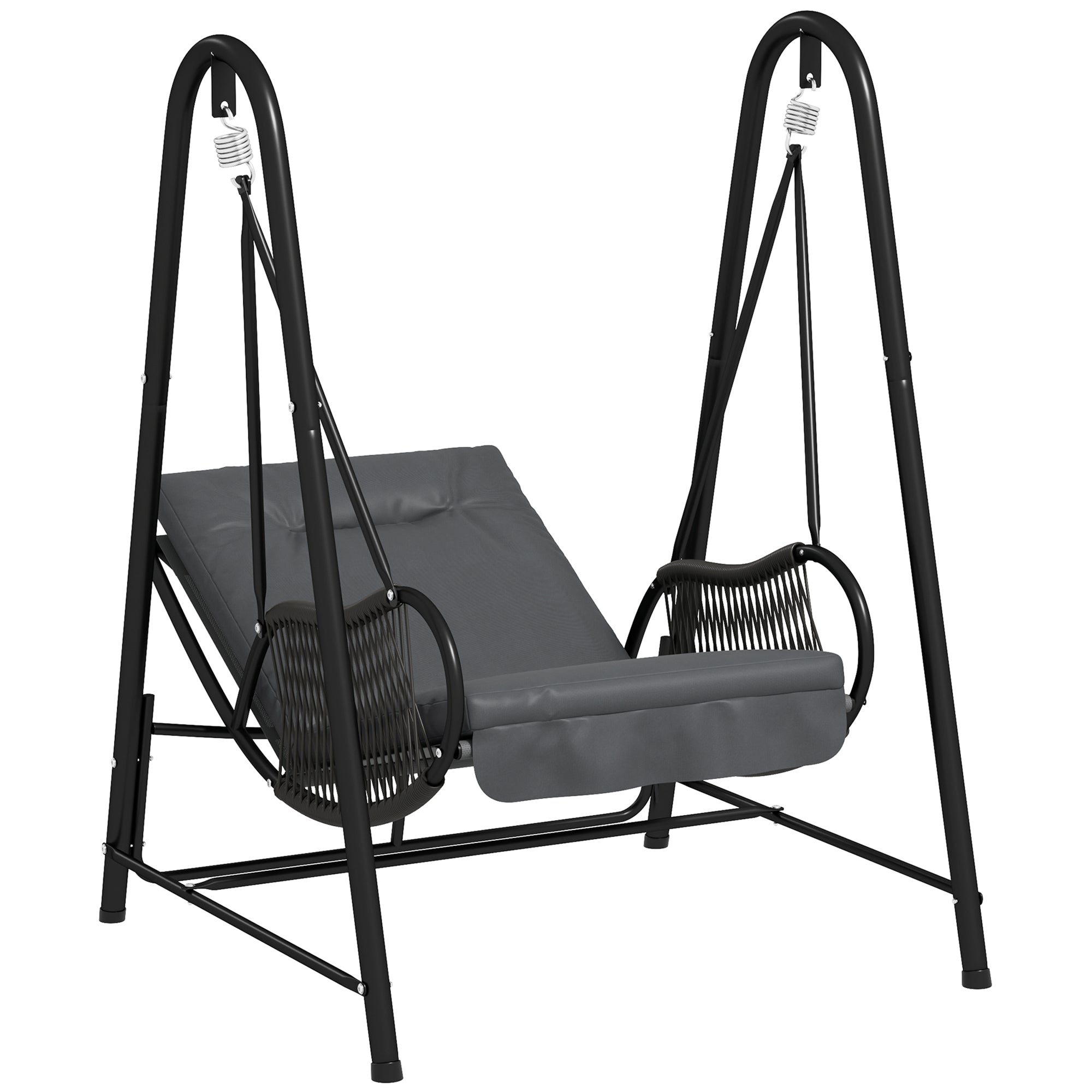 Outsunny Rattan Swing Chair, Outdoor Garden Hanging Swing Seat with Stand and Seat Cushion, Porch Hanging Chair for Balcony, Garden, Deck, Dark Grey 