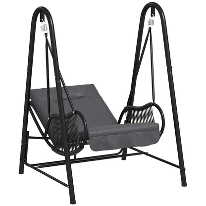Outsunny Rattan Swing Chair, Outdoor Garden Hanging Swing Seat with Stand and Seat Cushion, Porch Hanging Chair for Balcony, Garden, Deck, Dark Grey 