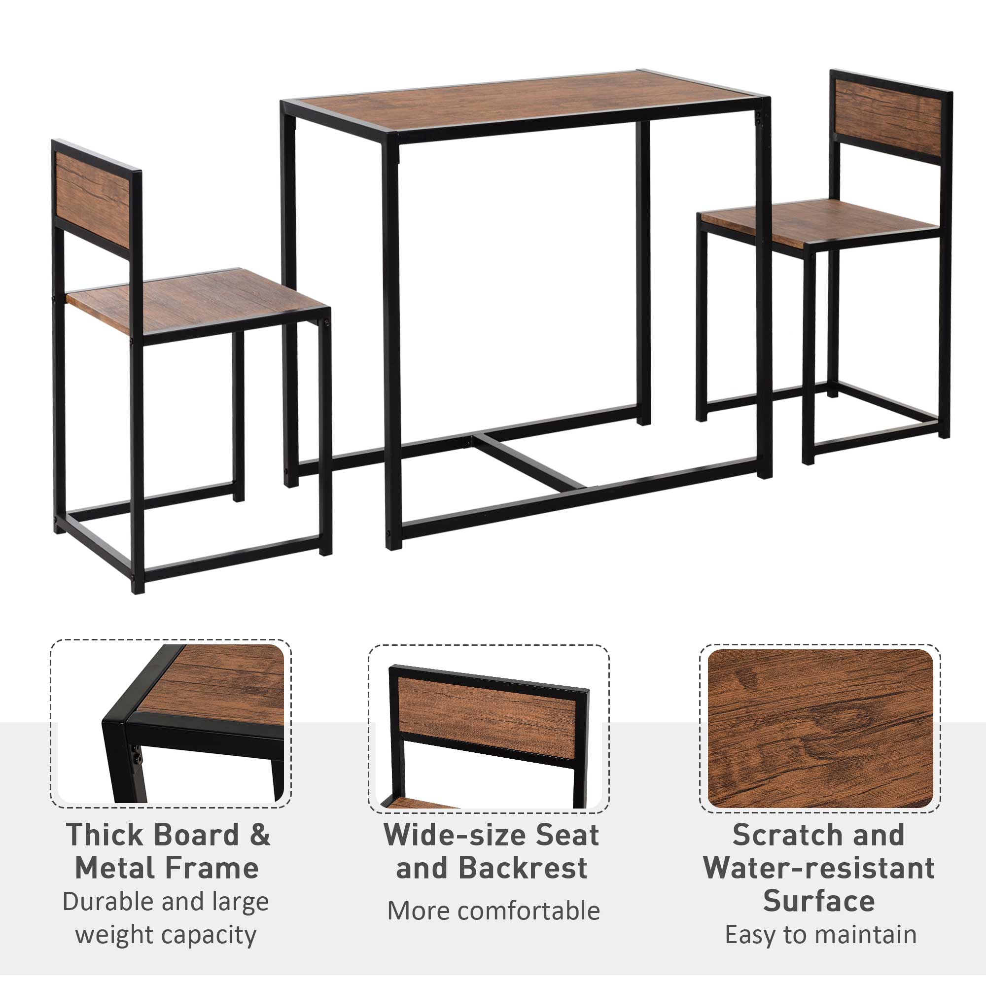 HOMCOM Dining Table and Chairs Set 2, Dining Room Sets, Rectangular Space Saving Table and 2 Chairs for Compact Kitchens, Steel Frame, Natural 