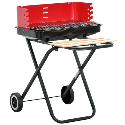 Outsunny Charcoal Trolley BBQ Barbecue Grill Patio Camping Picnic Garden Party Outdoor Cooking with Windshield, Wheels Side Trays, Black/Red 