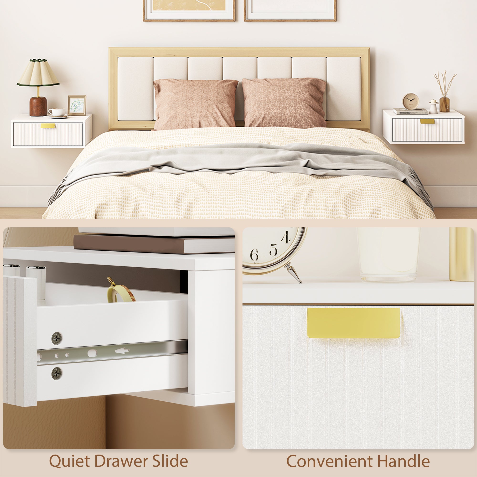 HOMCOM Modern Floating Nightstands Set of 2, Wall Mounted Bedside Tables with Wave Drawer White 