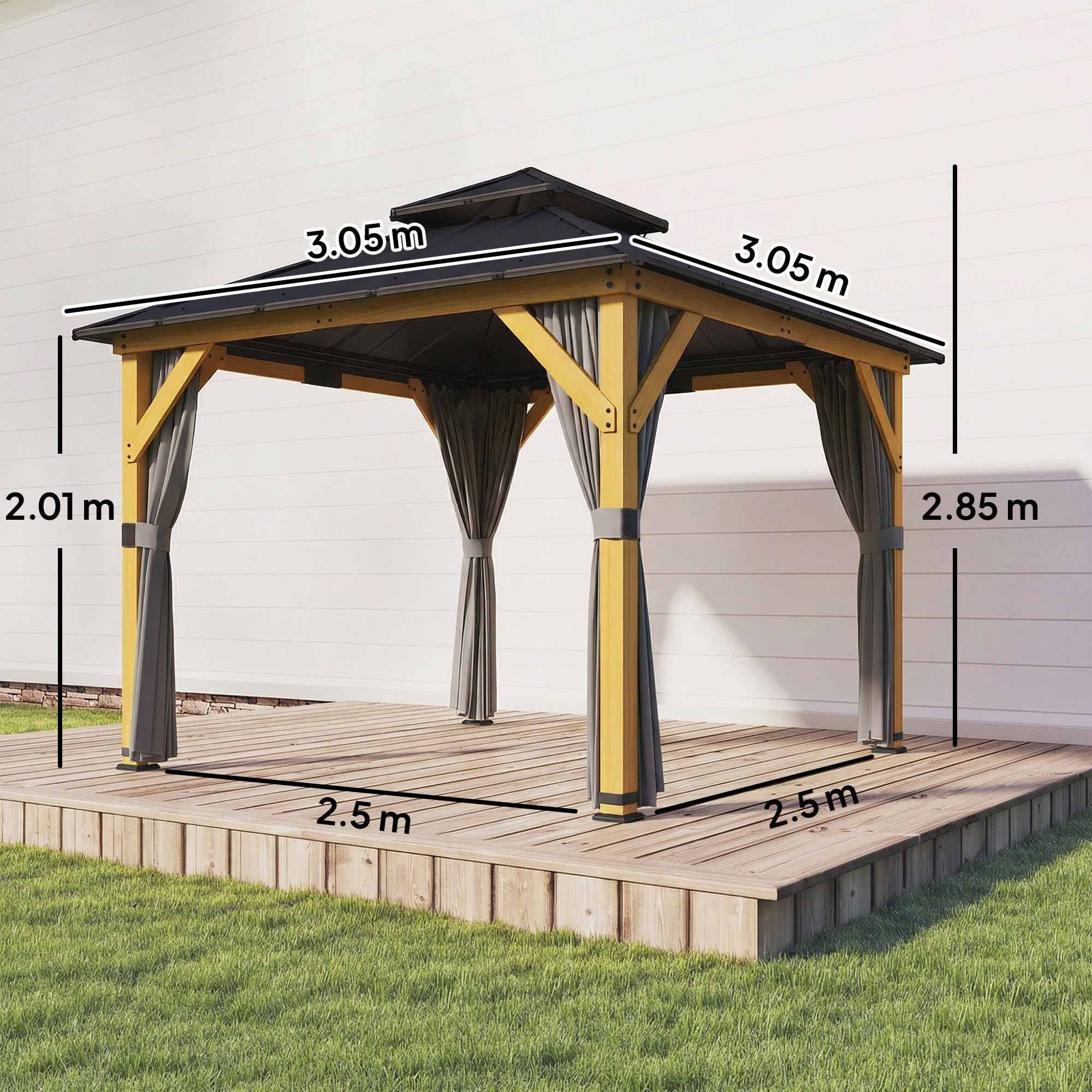 Outsunny 3 x 3 m Outdoor Hardtop Gazebo Canopy with 2-Tier Steel Roof, Wood Garden Gazebo with Curtains, Grey 