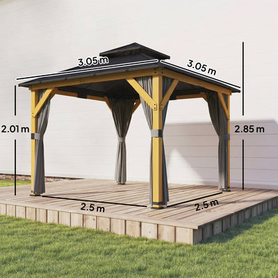 Outsunny 3 x 3 m Outdoor Hardtop Gazebo Canopy with 2-Tier Steel Roof, Wood Garden Gazebo with Curtains, Grey 