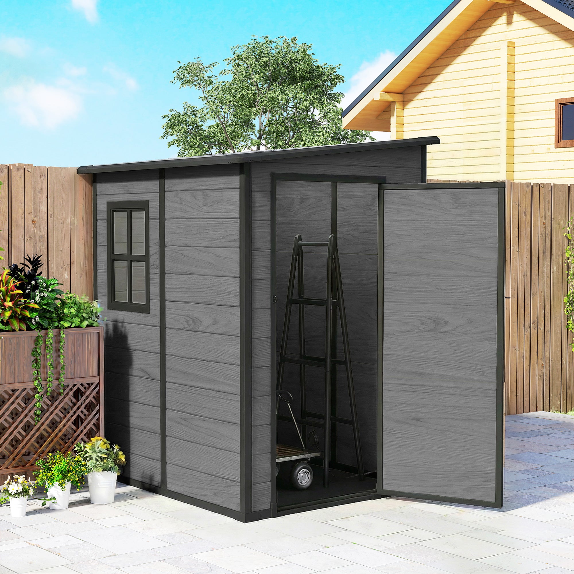 Outsunny 4'x5' Garden Storage Shed, Lean to Shed, Lockable Garden Shed with Window, Vent and Plastic Roof, Wood-Effect 