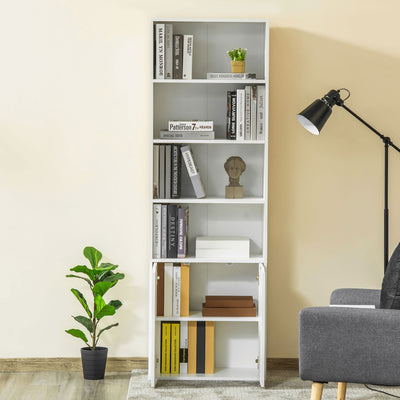 HOMCOM 6-Tier Tall Bookcase, Bookshelf with 4 Open Shelves and Double Door Storage Cabinet, Freestanding Display Rack for Living Room, Bedroom, Home Office, Study, 59 x 29 x 180cm, White 