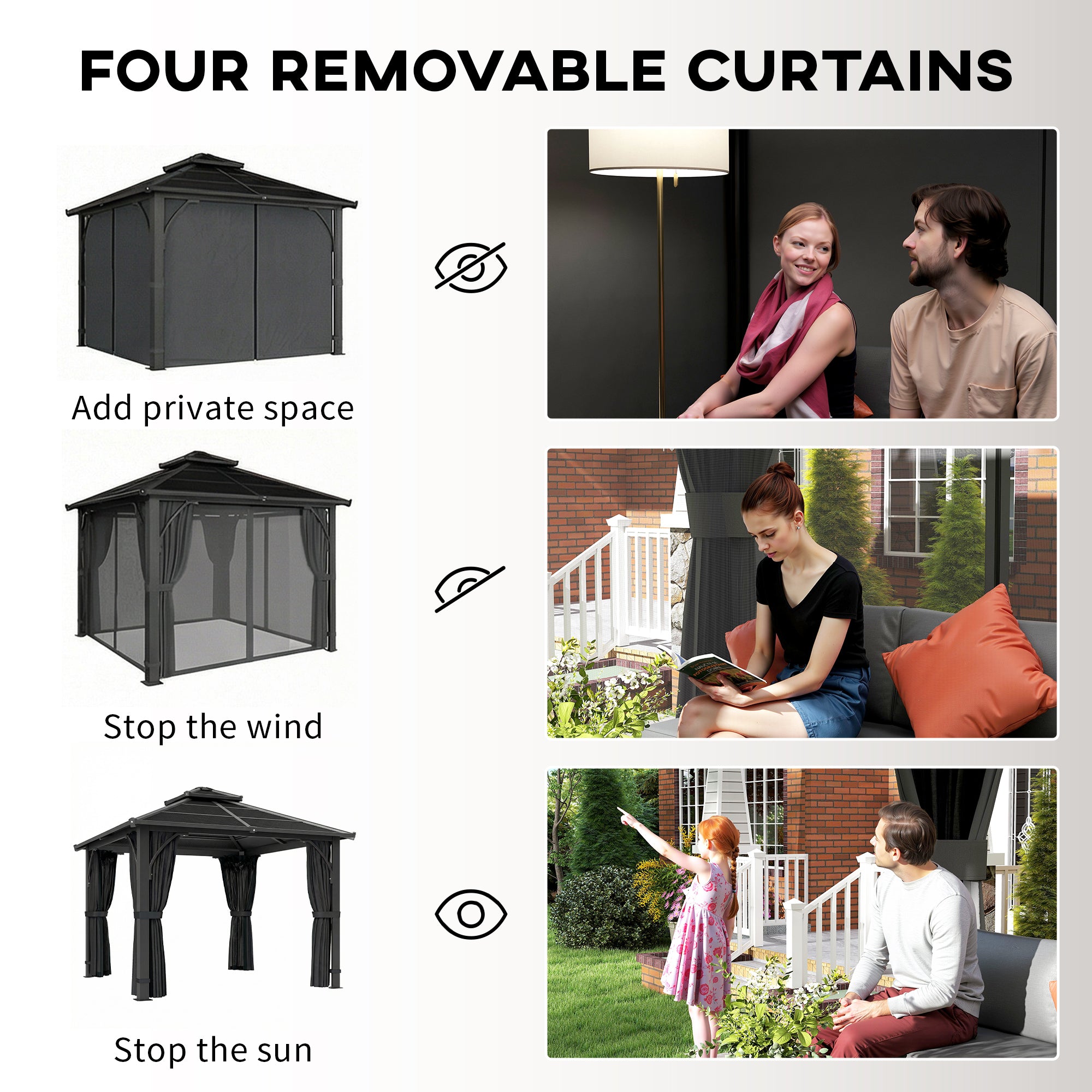 Outsunny 2.5 x 2.5 m Hardtop Gazebo Canopy with 7mm PC Roof, Garden Gazebo Permanent Pavilion with Netting, Curtains, Dark Grey 