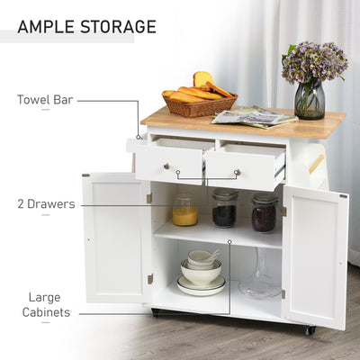HOMCOM Kitchen Island on Wheels, Mobile Storage Trolley, Rolling Kitchen Cart with Rubber Wood Top, 2-Door Cabinets, 2 Drawers, Adjustable Shelf, 3-Tier Spice Rack, Drawers 
