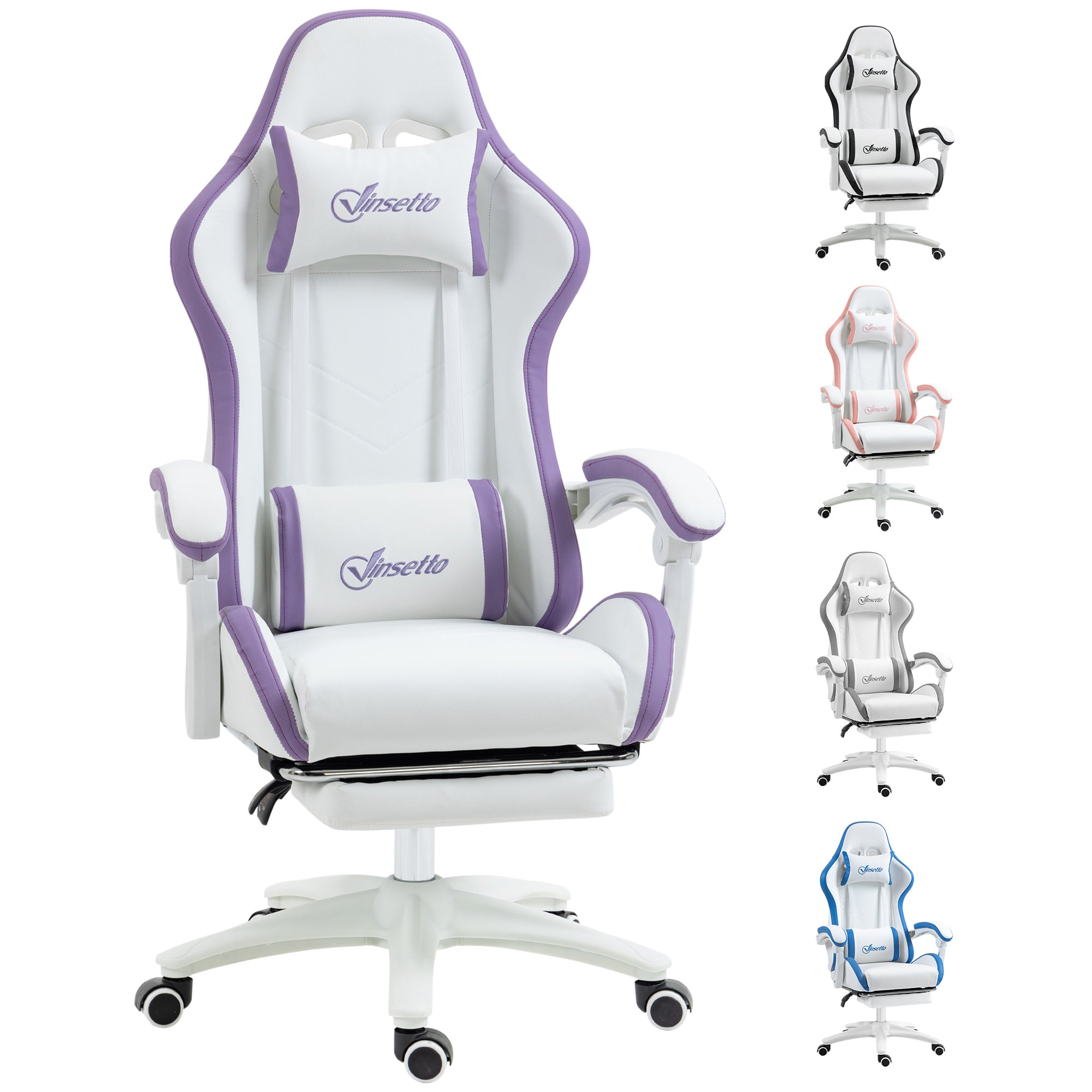 Vinsetto Computer Gaming Chair, PU Leather Desk Chair with Footrest, Swivel Task Chair with 135\'c2\'b0 Reclining Back and Lumbar Support, PC Chair for Adults, White and Purple