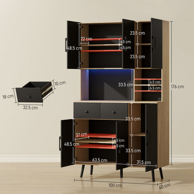 HOMCOM 176 cm Kitchen Cupboard with LED Lights - Oak and Black 