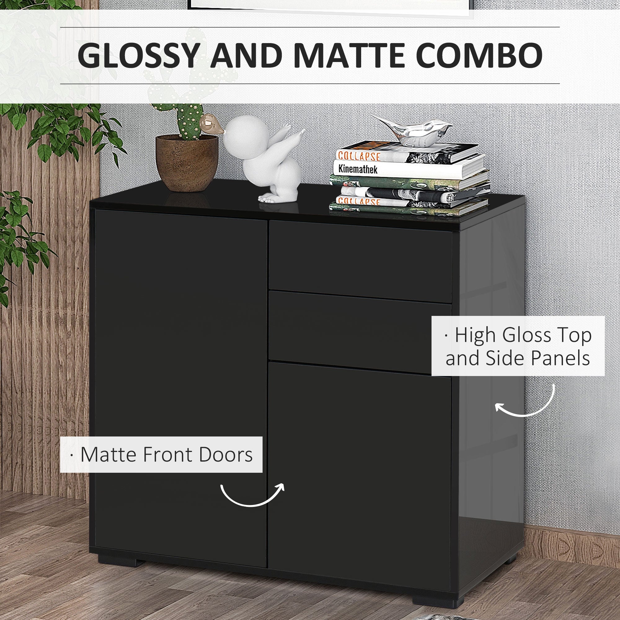 HOMCOM High Gloss Frame Sideboard, Push-Open Design with 2 Drawers for Living Room, Bedroom, 74H x 79W x 36Dcm, Black 