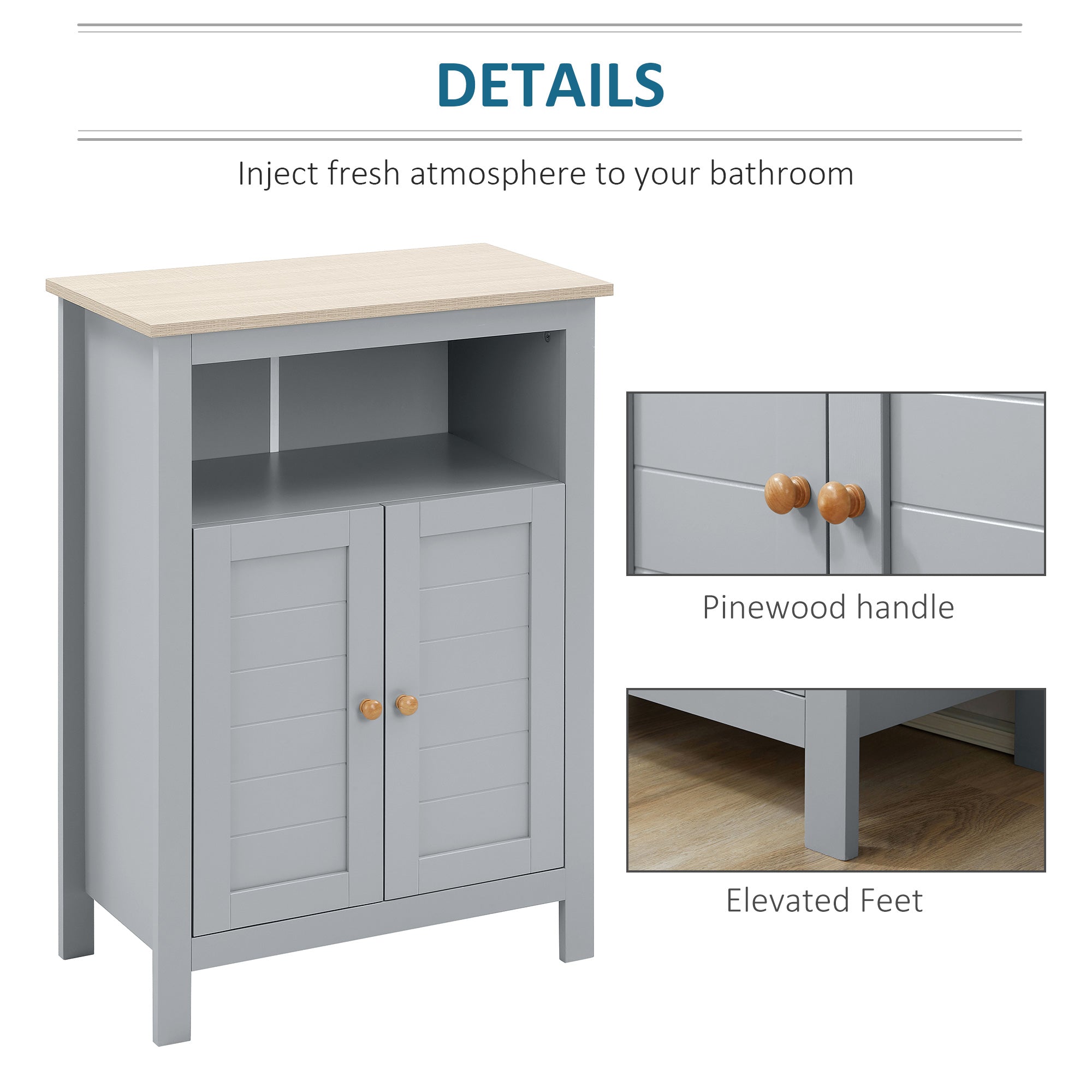 kleankin Bathroom Floor Cabinet, Free Standing Cupboard with Double Doors and Adjustable Shelf for Kitchen, Hallway, Living Room, Grey 