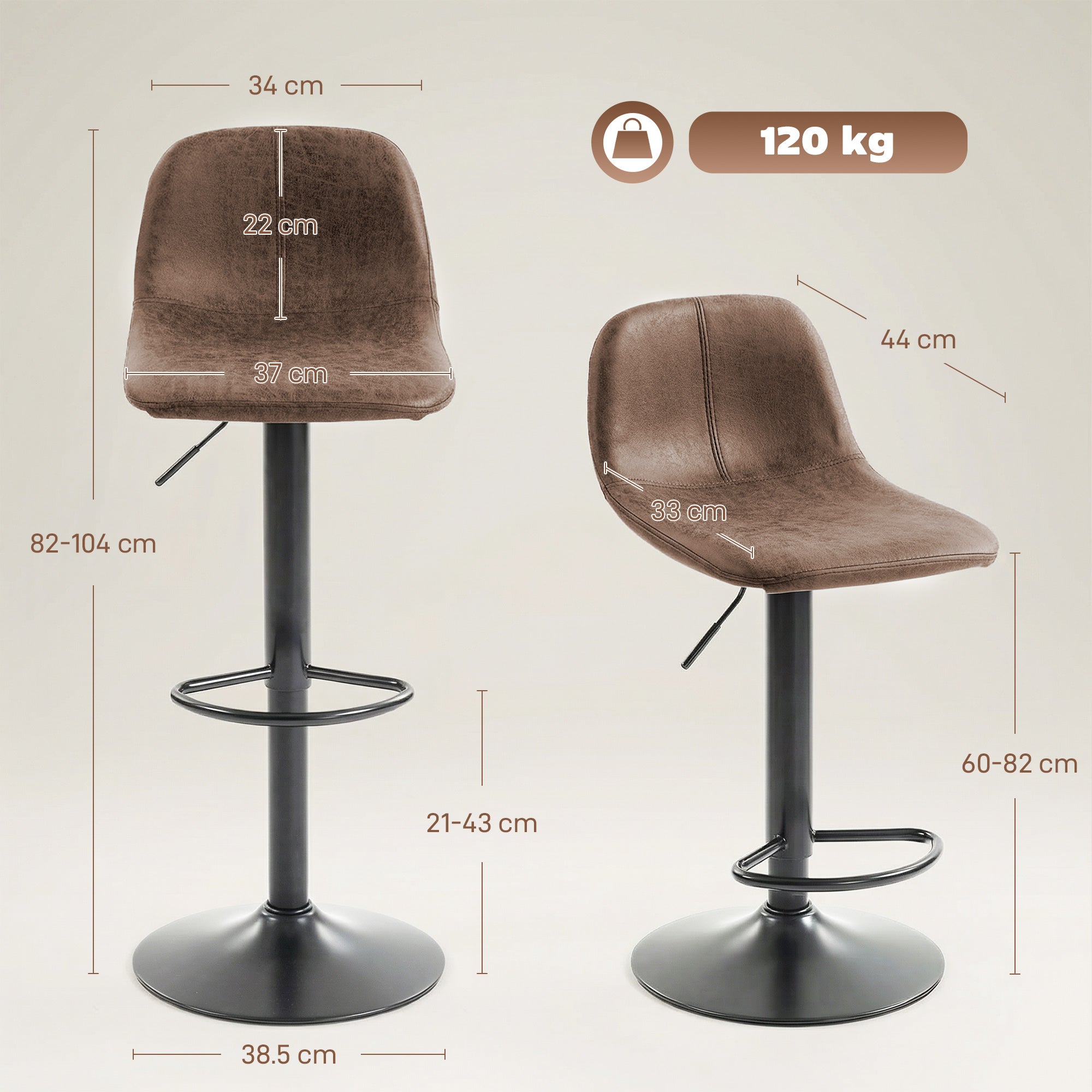 HOMCOM Bar Stools Set of 2, Modern Swivel Barstools with Footrest for Kitchen Island and Dining Room, Brown 