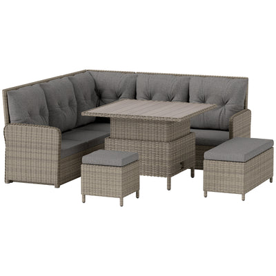Outsunny 6 Pieces Outdoor PE Rattan Garden Furniture, Patio Wicker Sectional Conversation Corner Sofa w/ Soft Padded Cushion & Liftable Coffee Table, Light Grey 