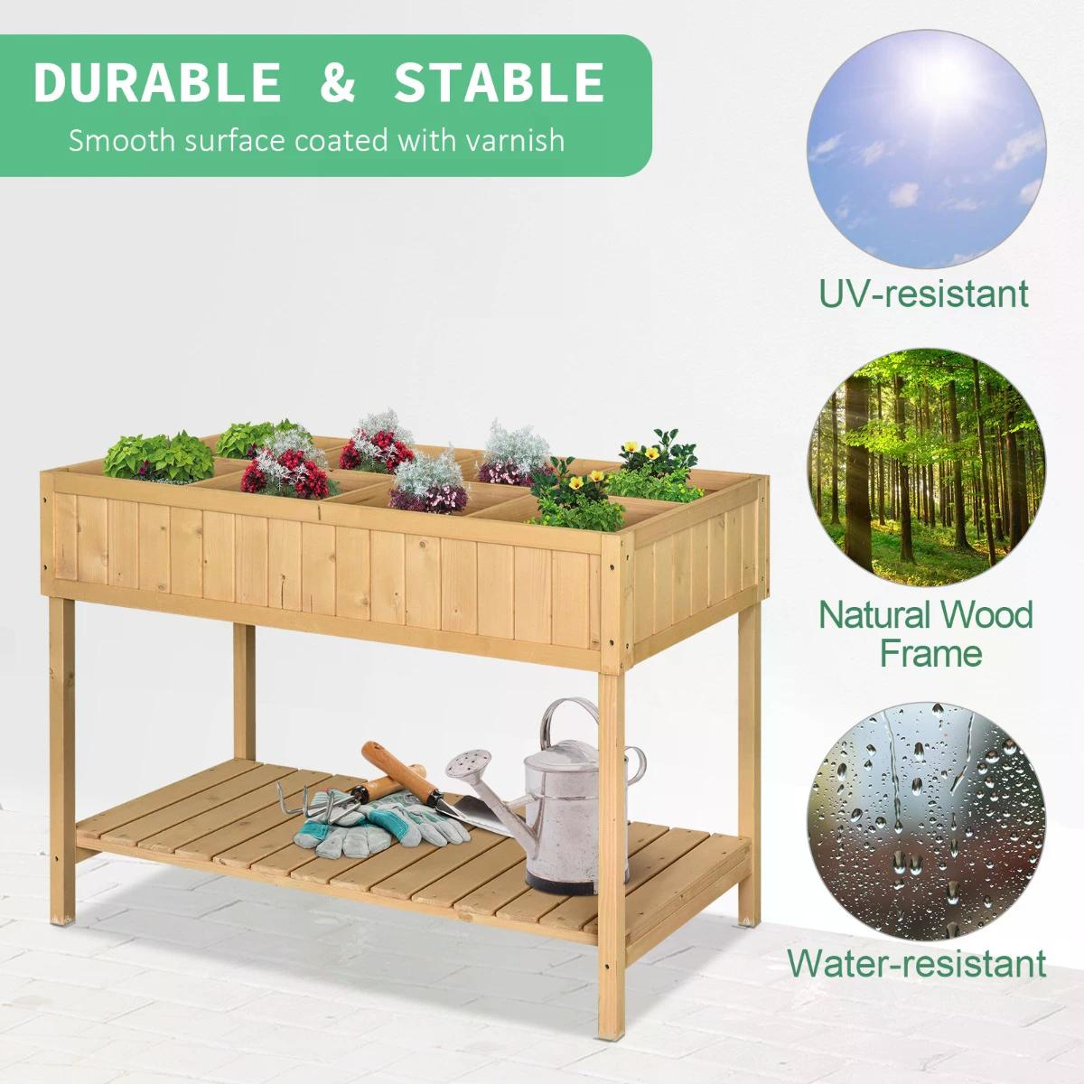 Outsunny Garden Wooden Planters, Rectangular 8 Compartment Plant Stand, Oak Tone 