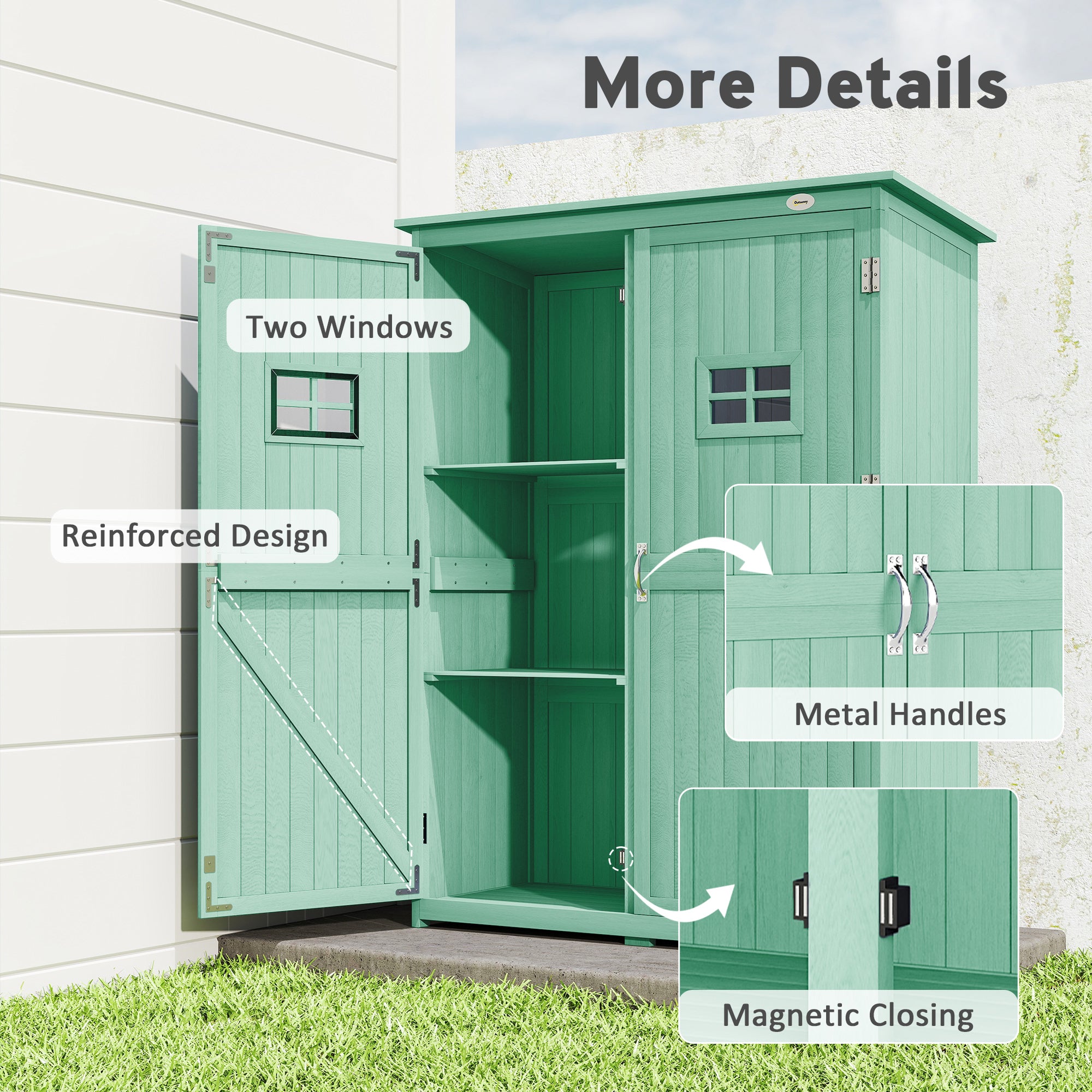 Outsunny Wooden Garden Shed with Two Windows, Tool Storage Cabinet, Outdoor Double Door organiser 127.5L x 50W x 164H cm, Green 