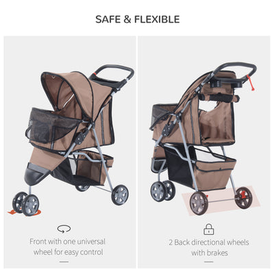 PawHut Dog Stroller with Cover for Small Miniature Dogs, Folding Cat Pram Dog Pushchair with Cup Holder, Storage Basket, Reflective Strips, Brown 