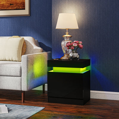 HOMCOM Black Bedside Table with LED Light, High Gloss Front Nightstand with 2 Drawers, for Living Room, Bedroom, Set of 2