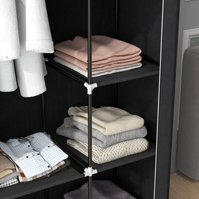 HOMCOM Fabric Wardrobe, Portable Wardrobe with 6 Shelves, 1 Hanging Rail, Foldable Closets, 103 x 43 x 162.5 cm, Black 
