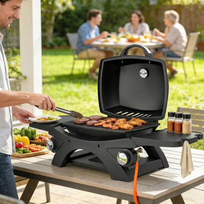 Outsunny 2 Burner Gas Grill with 2 Detachable Side Tables, 3.8 KW Steel Barbecue Grill with Cast Iron Grates, Lid, Thermometer 