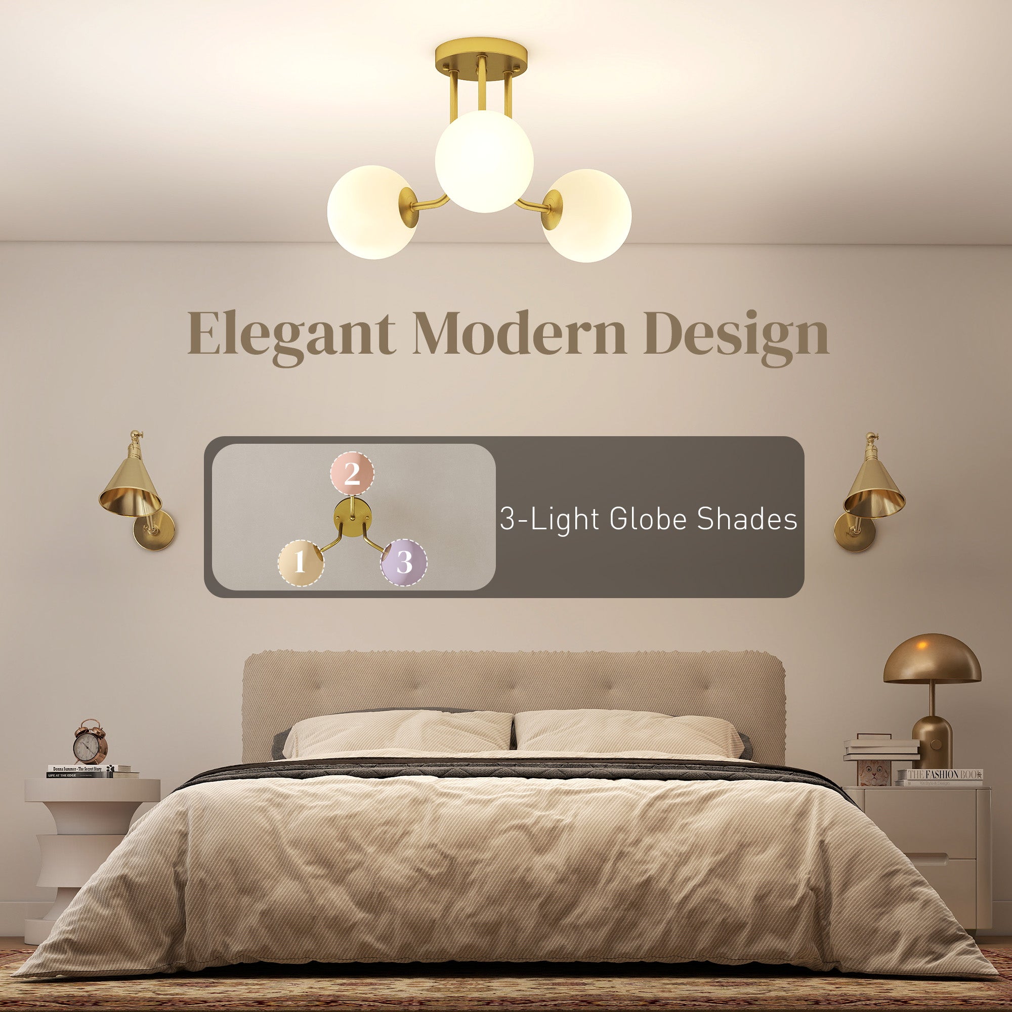 HOMCOM LED Ceiling Light with Globe Shades, Modern 3-Light Ceiling Light with G9 Sockets for Living Room, Bedroom, Dining Room, Bulbs Not Included, Gold Tone 