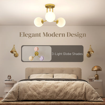 HOMCOM LED Ceiling Light with Globe Shades, Modern 3-Light Ceiling Light with G9 Sockets for Living Room, Bedroom, Dining Room, Bulbs Not Included, Gold Tone 