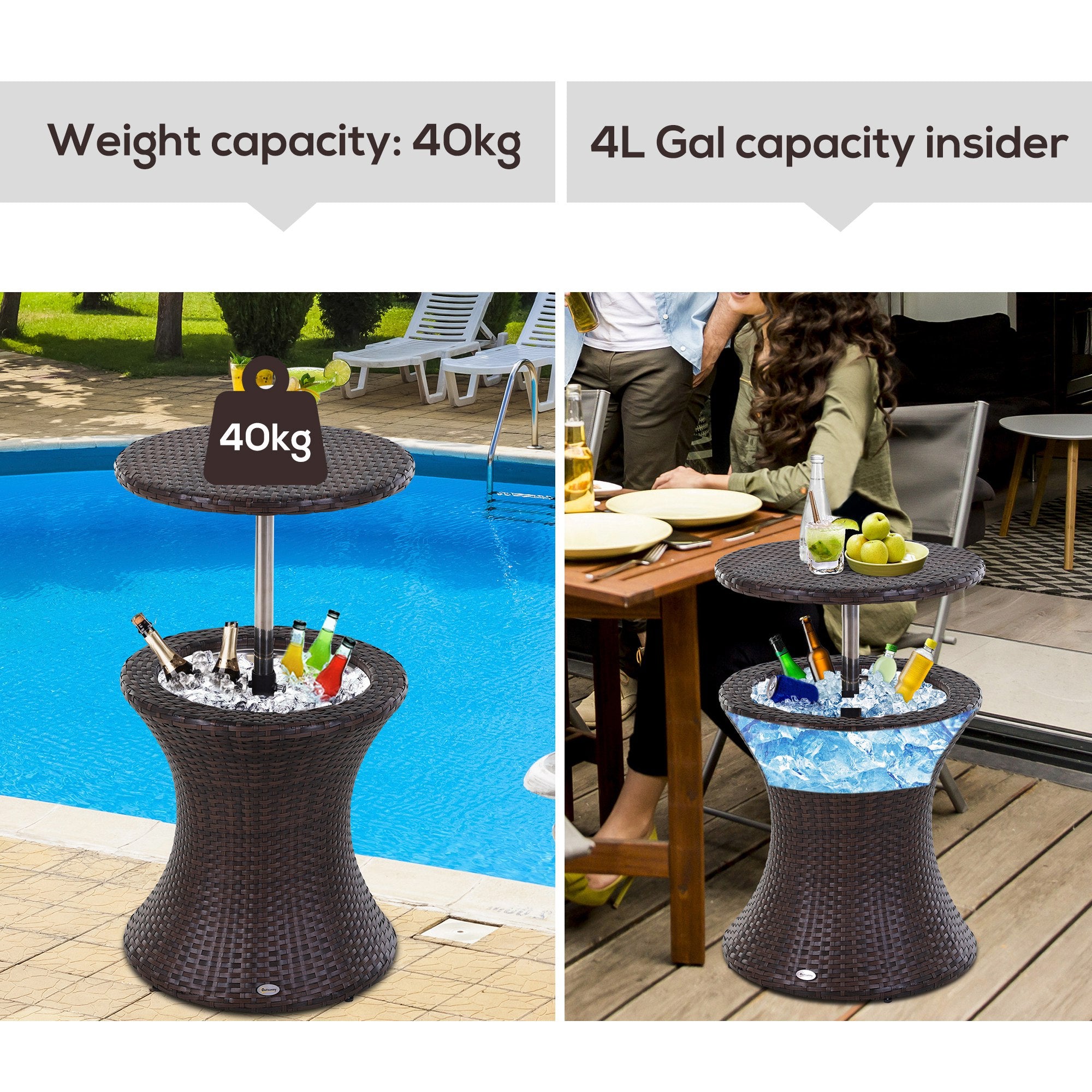Outsunny PE Rattan Ice Bucket Table, Height Adjustable Liftable Outdoor Drinks Cooler, 52 cm Round Garden Beer Cocktail Table with Lid for Bar, Patio, Terrace, Brown 