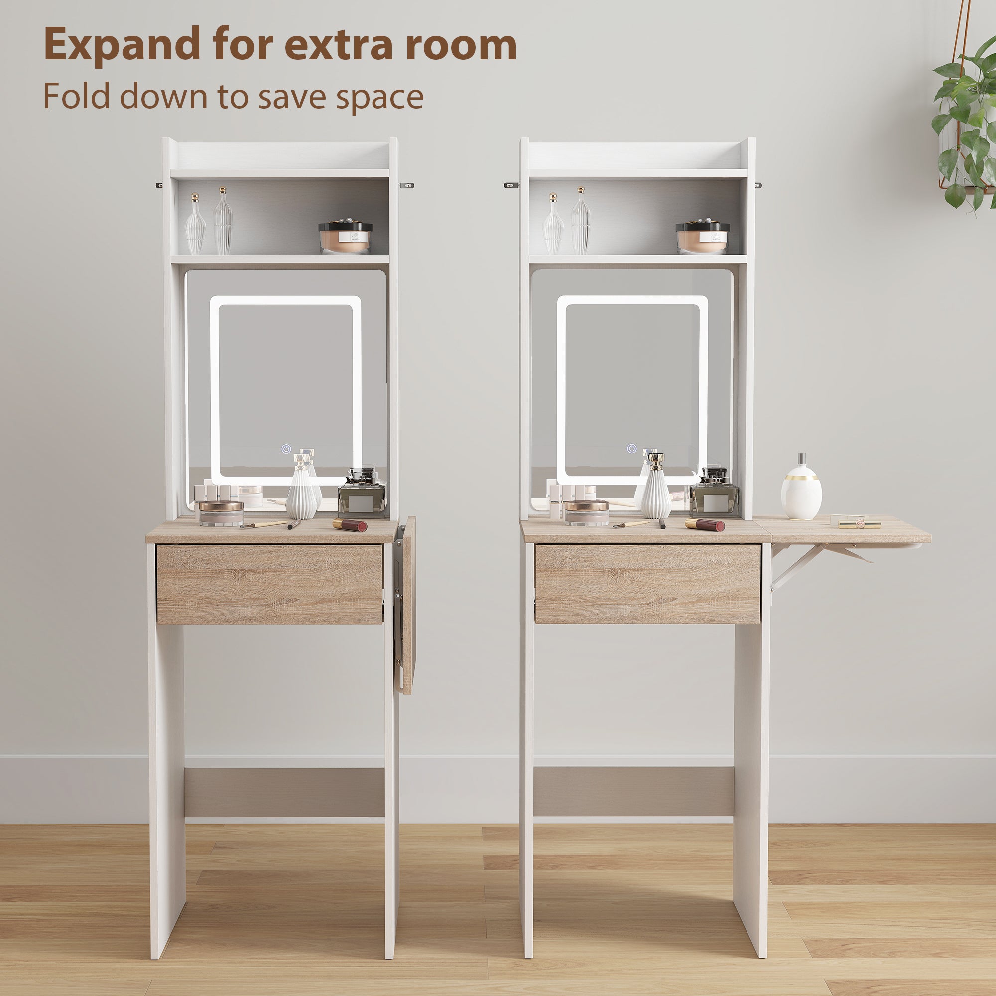 HOMCOM Small Vanity Desk with Mirror and LED Lights, Compact Dressing Table with Drop Leaf, Open Shelves and Drawer, White 