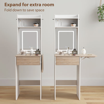 HOMCOM Small Vanity Desk with Mirror and LED Lights, Compact Dressing Table with Drop Leaf, Open Shelves and Drawer, White 