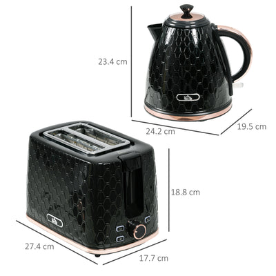 HOMCOM 1.7L 3000W Fast Boil Kettle & 2 Slice Toaster Set, Kettle and Toaster Set with Auto Shut Off, Browning Controls, Black 