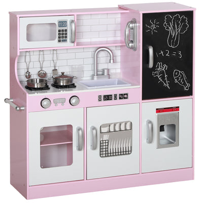 AIYAPLAY Pretend Play Kitchen, Kids Kitchen Playset w/ Toy Phone, Chalkboard, Microwave, Cooking Stove, Sink 
