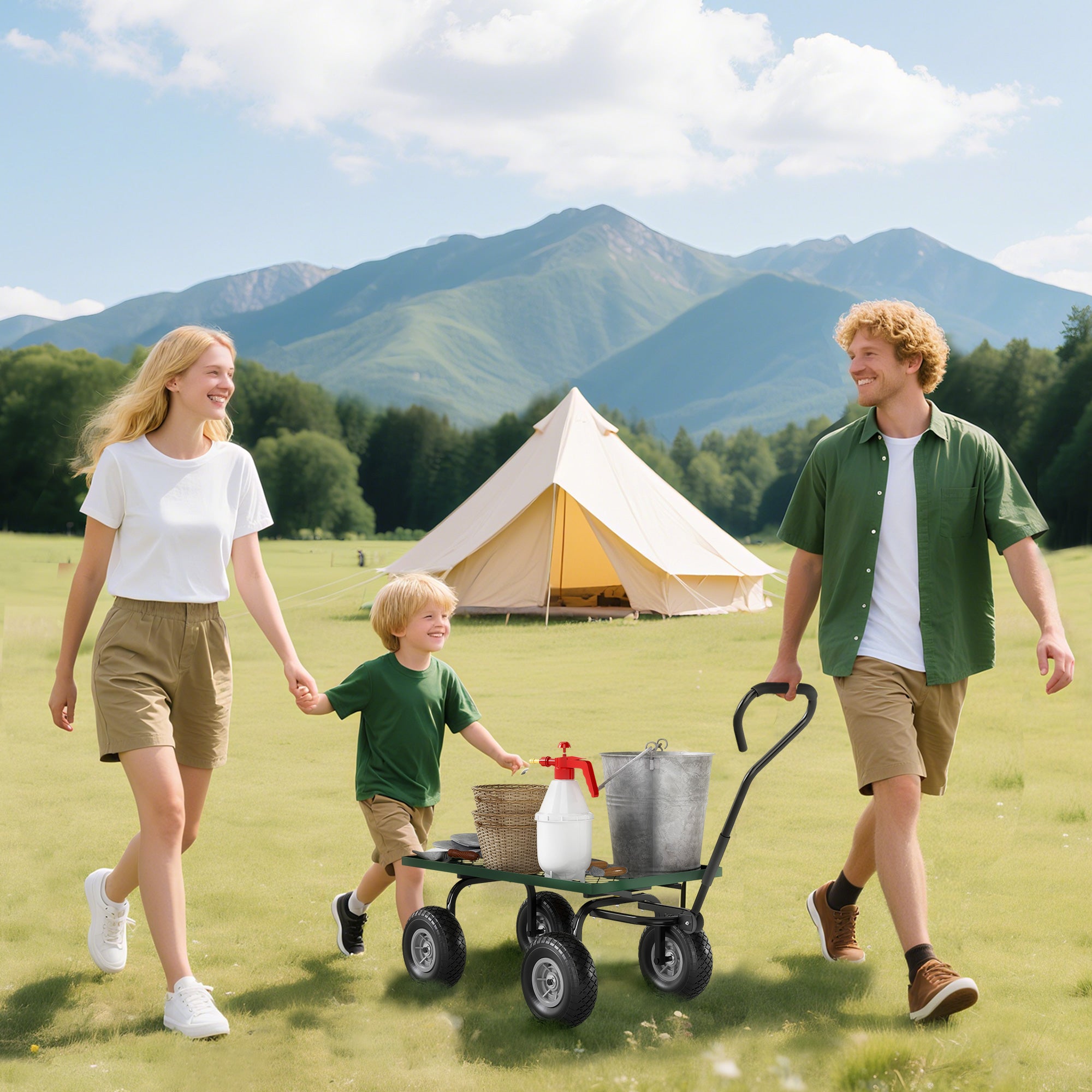 Outsunny Garden Trolley Cart, Heavy Duty Garden Cart with Metal Frame, 10" Pneumatic Wheels, Rotating Handle, 150kg Capacity, for Garden, Farm, Green 